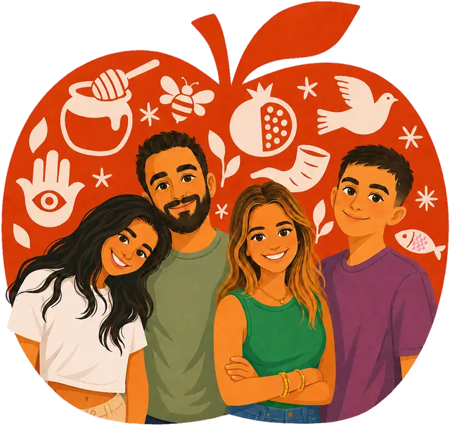 La famille dans une pomme de Roch Hachana, entourée du pot de miel, de l'abeille, de la grenade, de la colombe, de la hamsa, du shofar et du poisson.